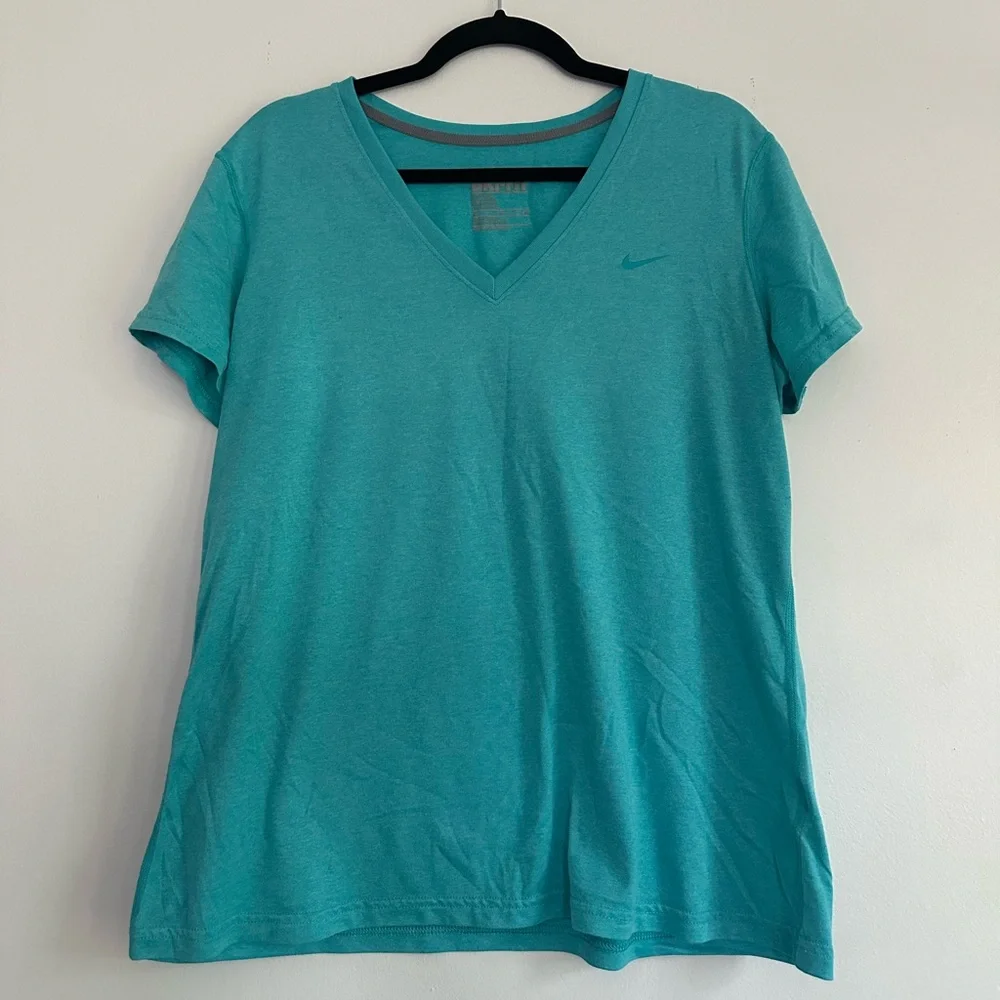 Nike Dri-FIT Womens V-Neck Short Sleeve Activewear T-Shirt Teal Turquoise XL